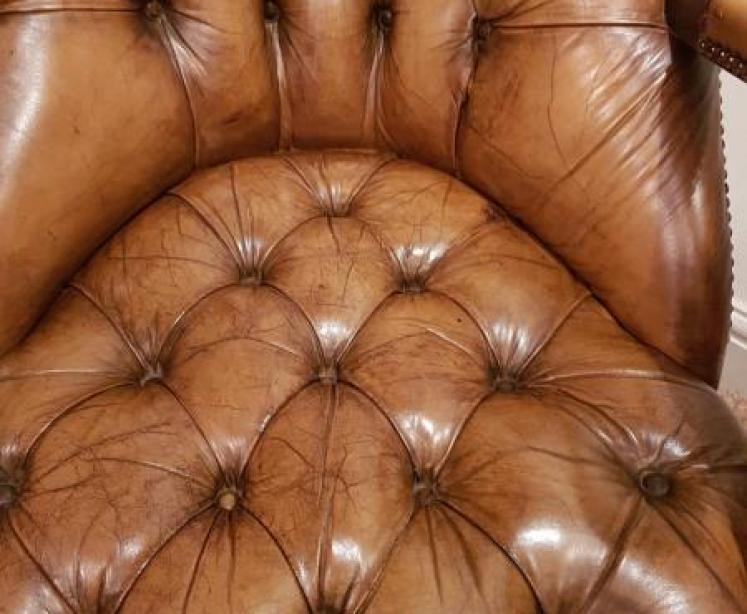 Antique Button Back Leather Open Am Chair - Image 5