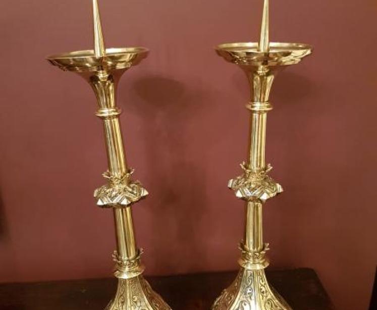 Large Pair of Victorian Cast Brass Church Candlesticks - Image 1