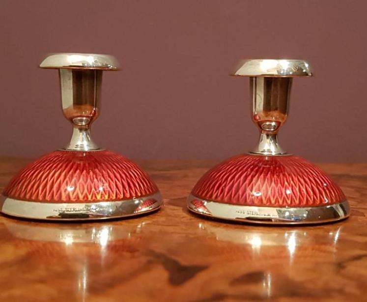 Pair of Small Silver and Enamel Candlesticks - Image 1