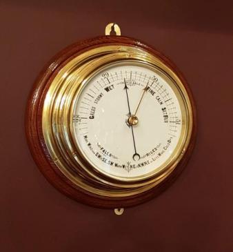 Large Victorian Brass Cased Marine Barometer with Oak Plinth