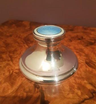 George V Silver and Engine Turned Enamel Ink Well