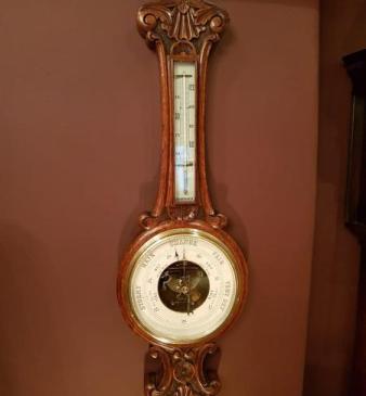 Victorian Carved Oak Banjo Barometer with Skeletonised Movement