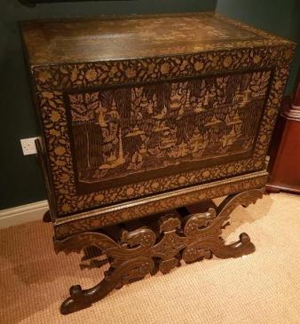 Antique George III Period Laquered Trunk on Original Stand