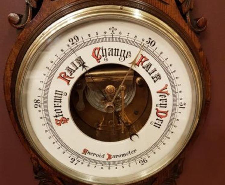 Antique Victorian Carved Oak Banjo Barometer with Skeletonised Movement - Image 2