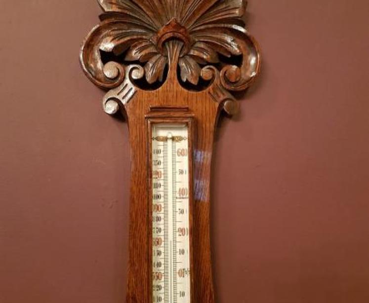 Antique Victorian Carved Oak Banjo Barometer with Skeletonised Movement - Image 3
