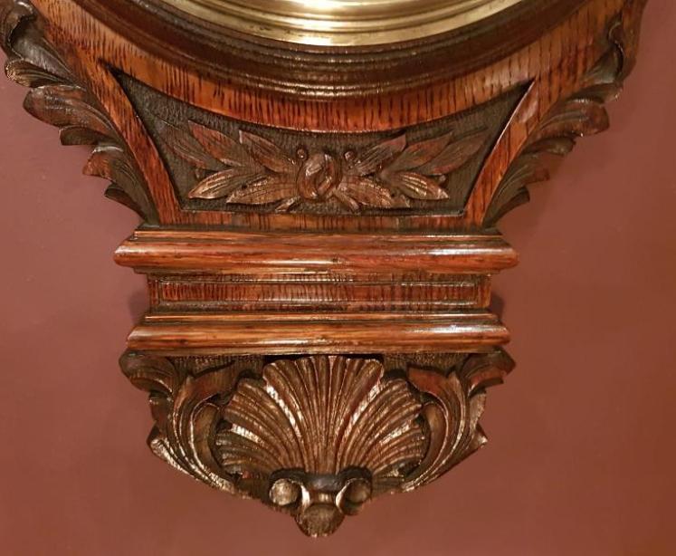 Antique Victorian Carved Oak Banjo Barometer with Skeletonised Movement - Image 4