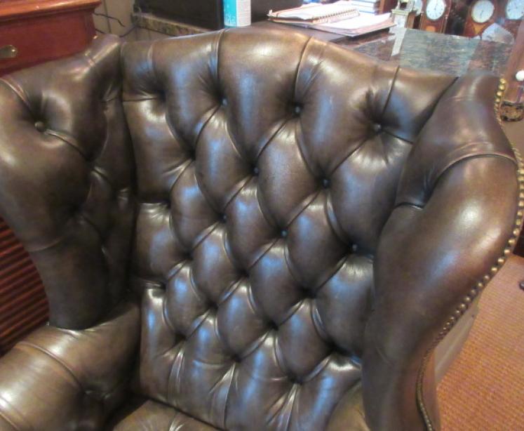 Antique Leather Buttoned Wing Back Armchair - Image 2