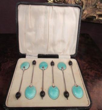 George V Period Silver Enamel Coffee Spoon Boxed Set