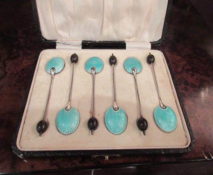 George V Period Silver Enamel Coffee Spoon Boxed Set - Image 2