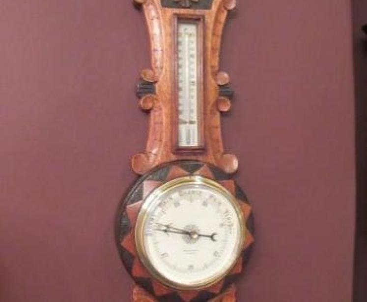Small Victorian Polished Oak & Ebony Banjo Barometer - Image 1