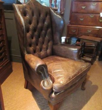 Antique Wing Back Armchair with Original Hide Upholstery 